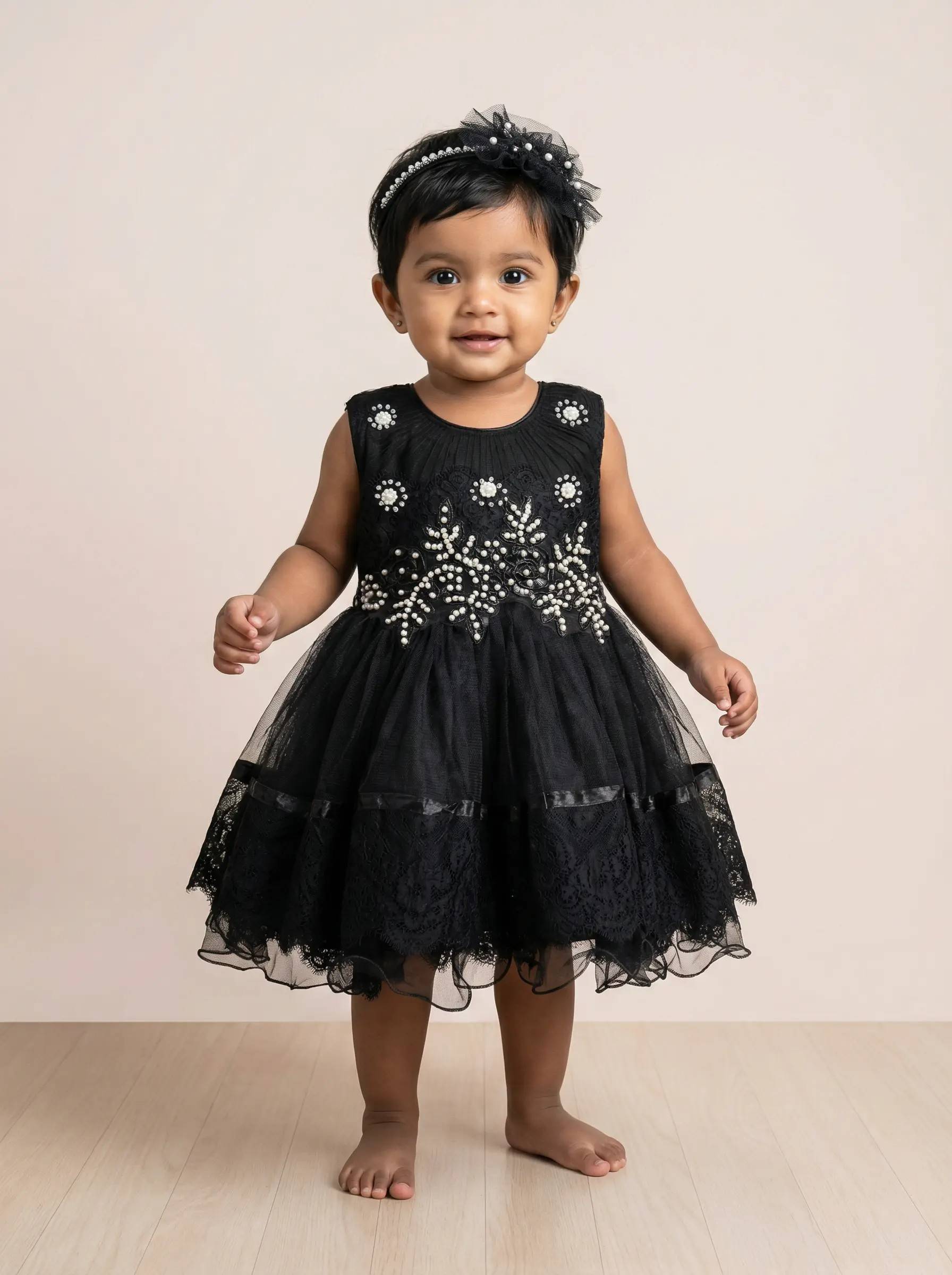 Beaded Net & Lace Layered Party Frock with Matching Headband